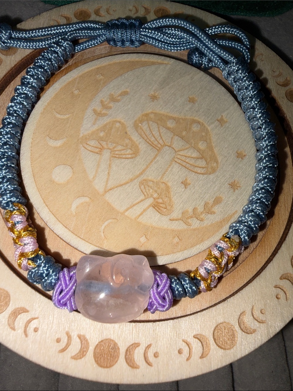 Handcrafted Rose Quartz Cat Bracelet in Blue and Lavender
